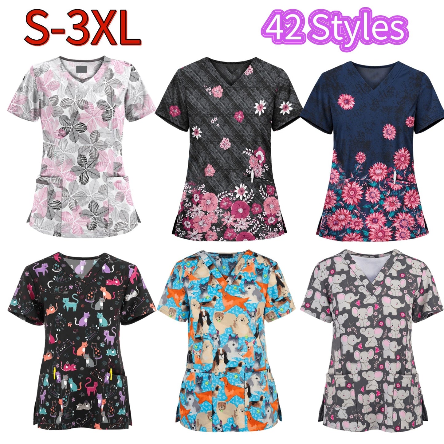 Print Scrub Tops Women Nurse Uniform Cotton Short Sleeve Blouse