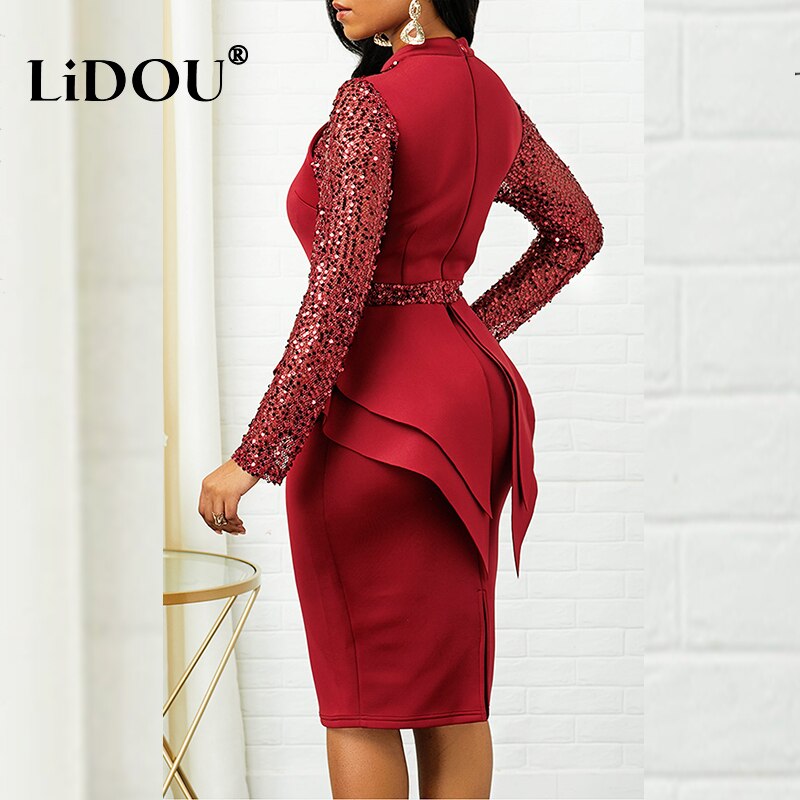 Autumn Winter Fashion Solid Color Plus Size Temperament Birthday Dress Simple Sequined Sexy Oversized Package Hip Dress Female - Plus Size Dresses