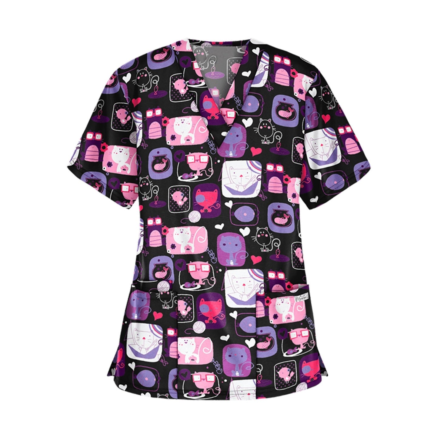 Print Scrub Tops Women Nurse Uniform Cotton Short Sleeve Blouse