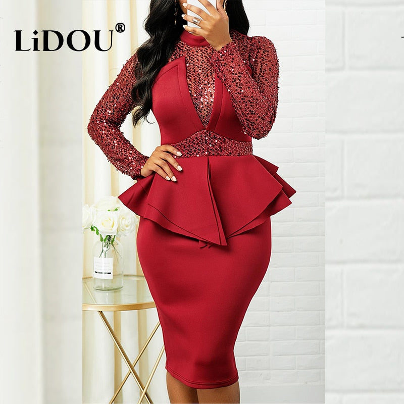 Autumn Winter Fashion Solid Color Plus Size Temperament Birthday Dress Simple Sequined Sexy Oversized Package Hip Dress Female - Plus Size Dresses