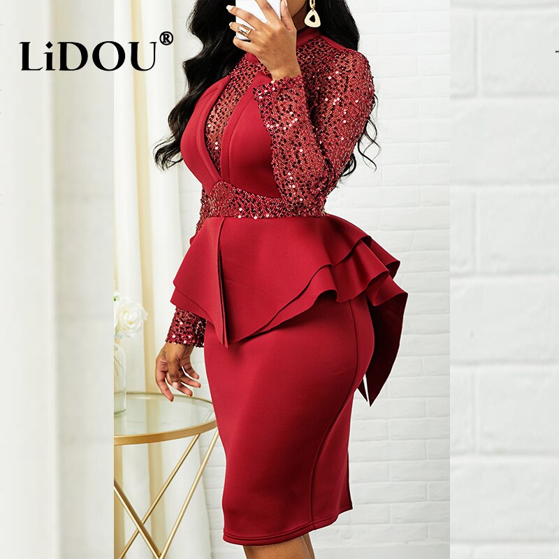Autumn Winter Fashion Solid Color Plus Size Temperament Birthday Dress Simple Sequined Sexy Oversized Package Hip Dress Female - Plus Size Dresses