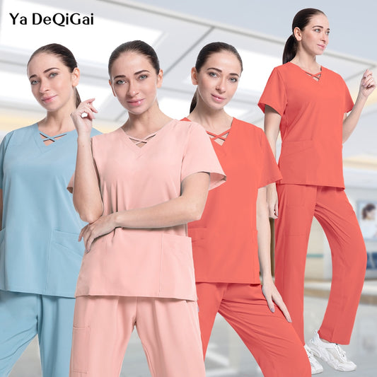 Unisex Scrub Suits Scrubs Set for Women Joggers Tops+pants Hospital Doctor Nursing Uniform V neck Solid Color Surgical Workwear| |