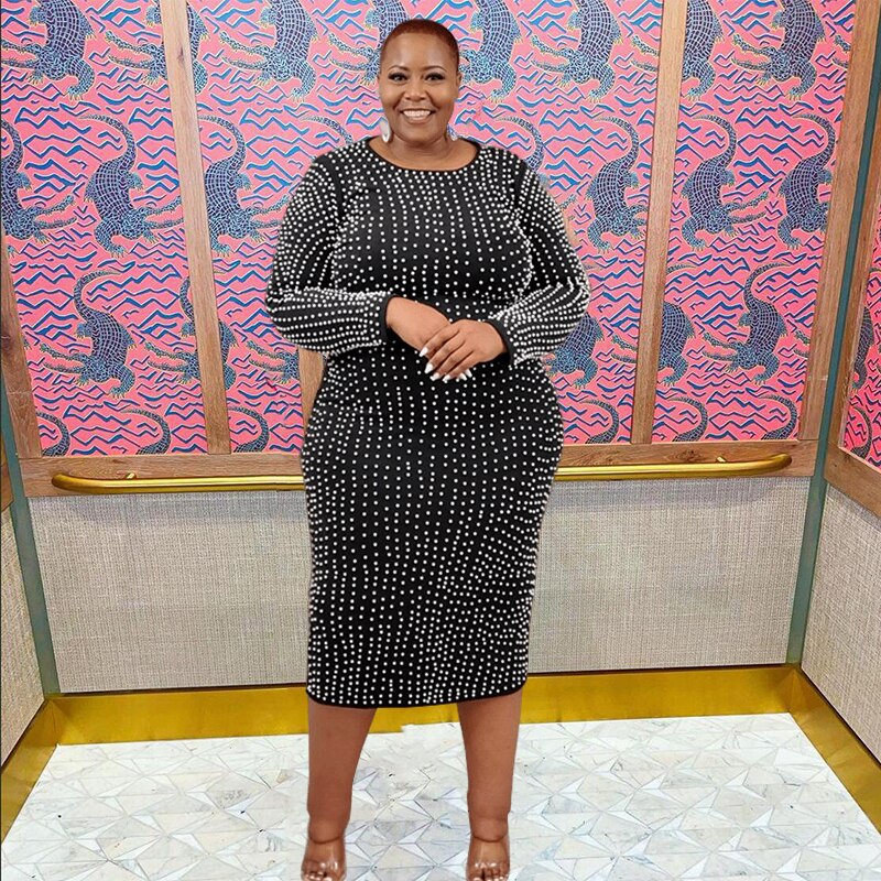 Plus Size Long Sleeve Beaded Bodycon party Dress