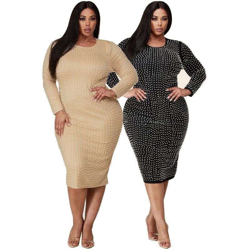 Plus Size Long Sleeve Beaded Bodycon party Dress
