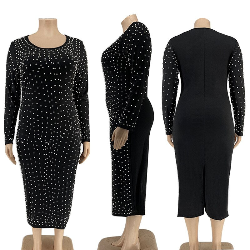 Plus Size Long Sleeve Beaded Bodycon party Dress