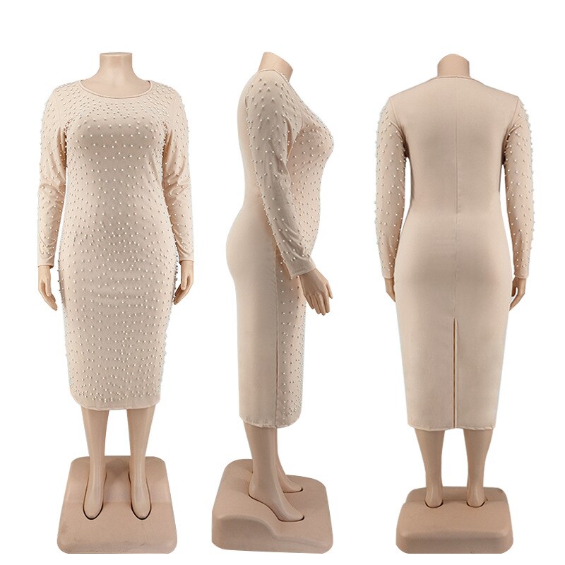 Plus Size Long Sleeve Beaded Bodycon party Dress