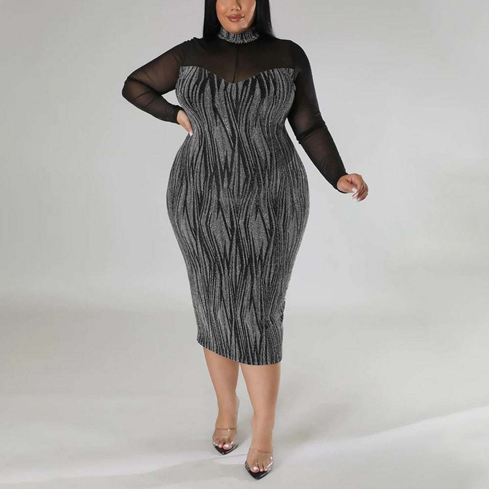 Plus Size Mesh Long Sleeve Bodycon Party Dress