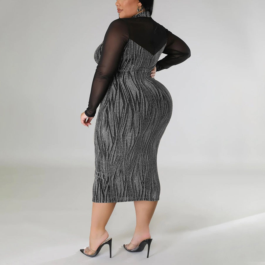 Plus Size Mesh Long Sleeve Bodycon Party Dress
