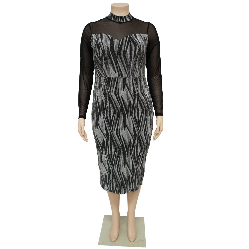 Plus Size Mesh Long Sleeve Bodycon Party Dress