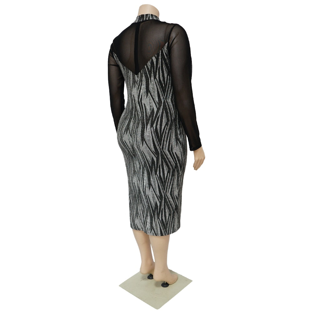 Plus Size Mesh Long Sleeve Bodycon Party Dress