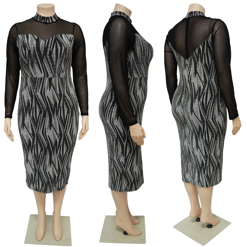 Plus Size Mesh Long Sleeve Bodycon Party Dress