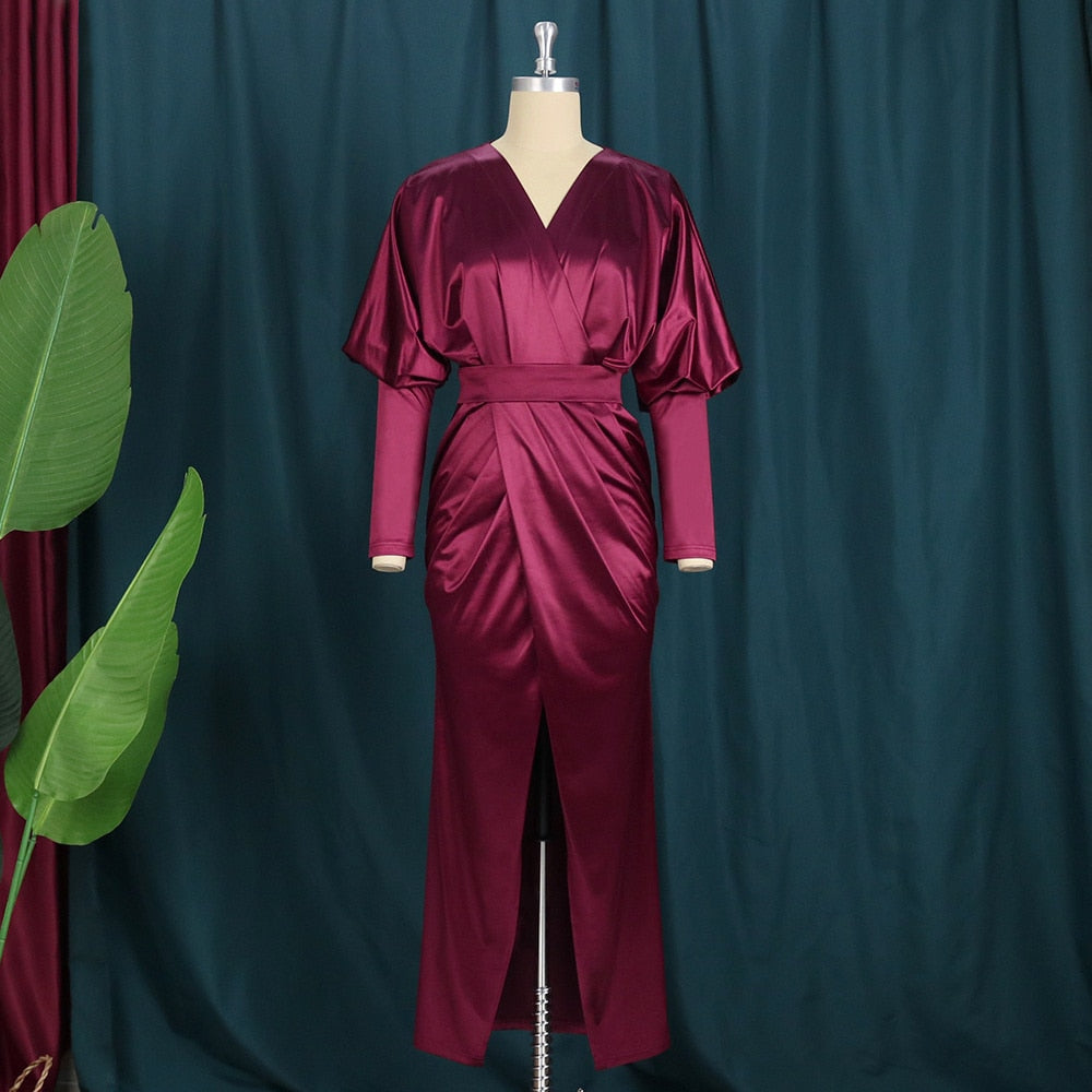 Plus Size Elegant Puff Sleeve High Slit Party Dress