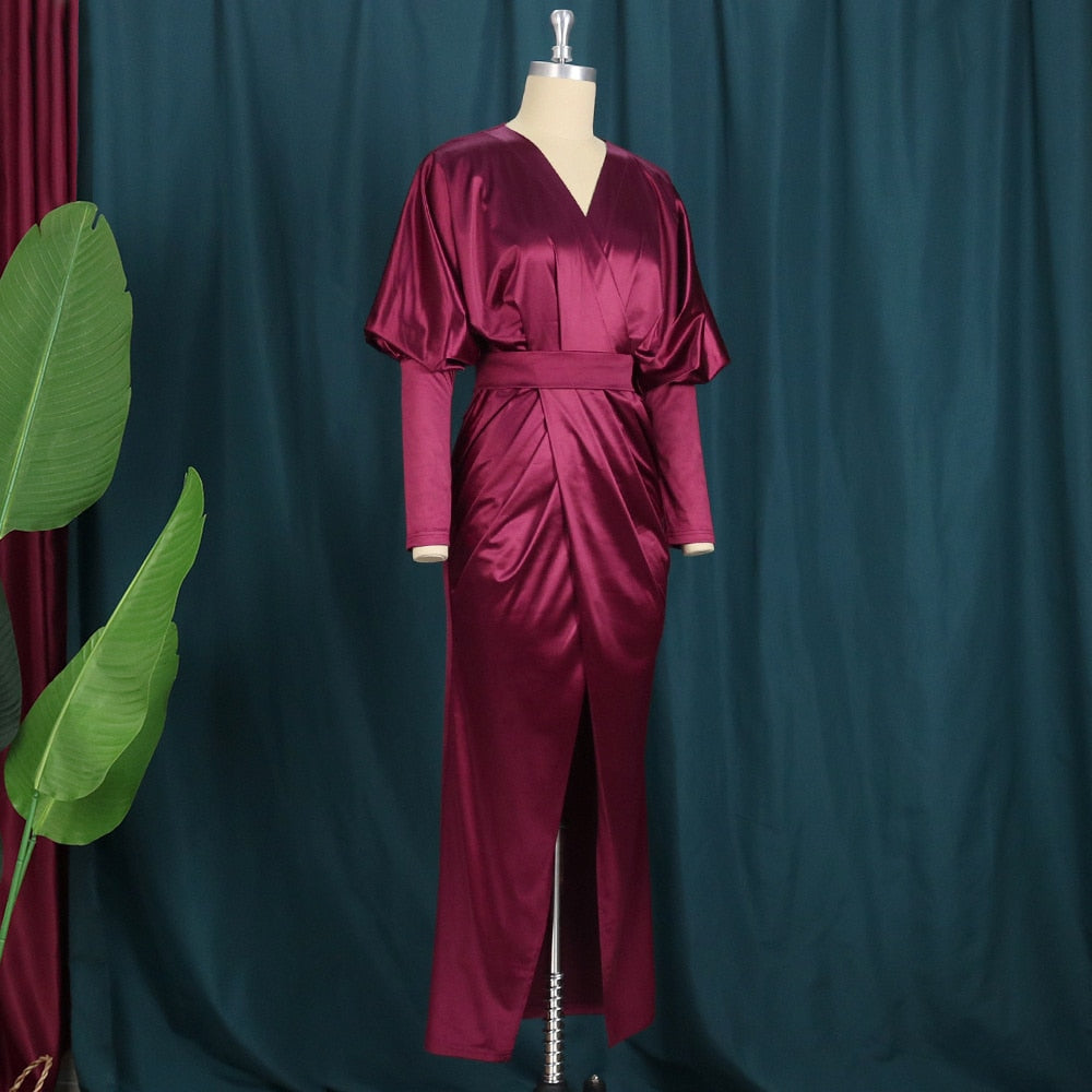 Plus Size Elegant Puff Sleeve High Slit Party Dress