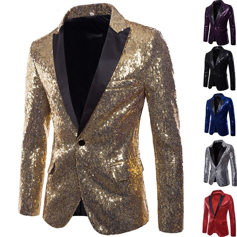 Shiny Sequin Glitter Embellished Blazer Party Top for Men