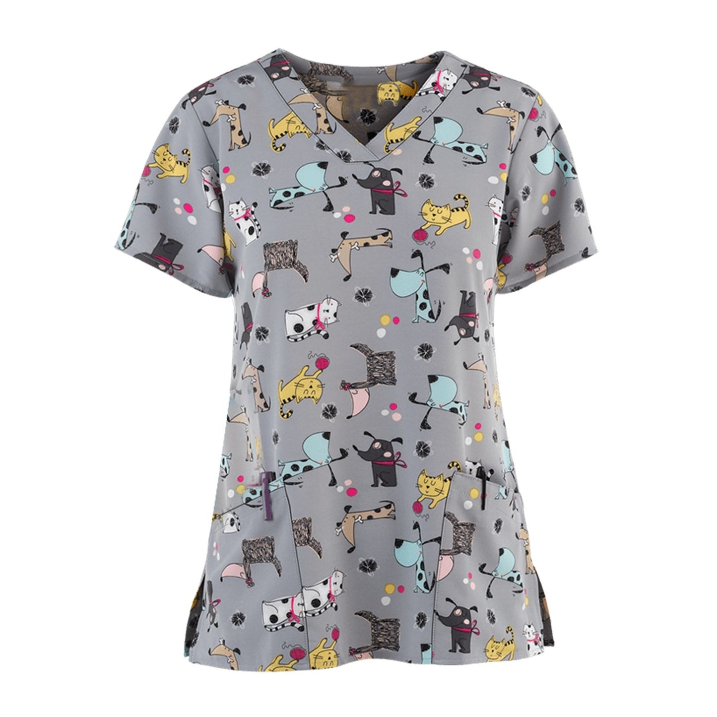 Print Scrub Tops Women Nurse Uniform Cotton Short Sleeve Blouse