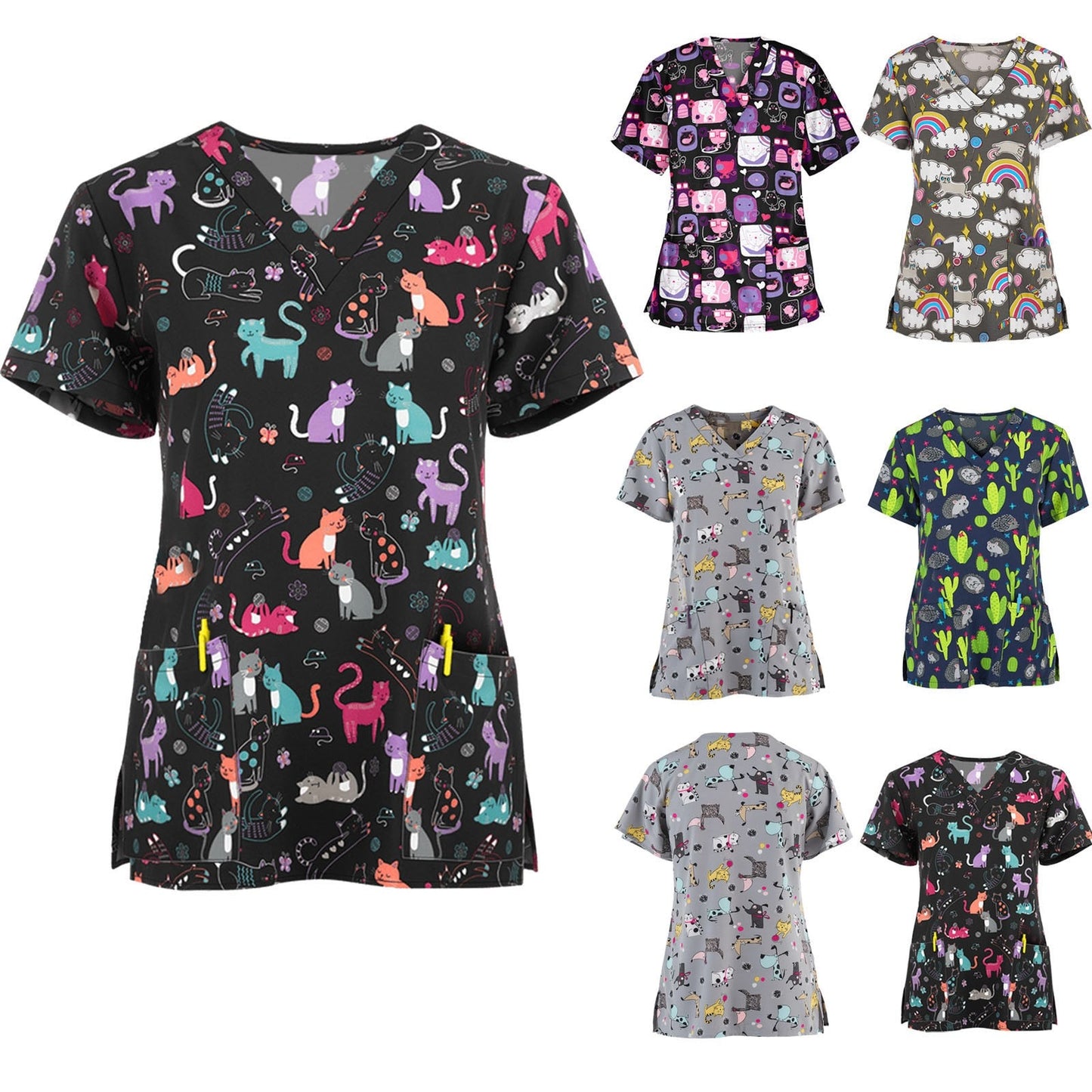 Print Scrub Tops Women Nurse Uniform Cotton Short Sleeve Blouse