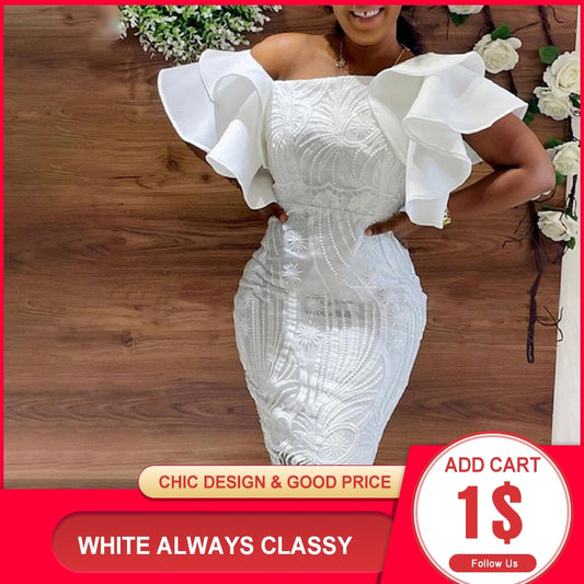 2022 Summer Fashion Midi Dress Elegant Evening Party White Dresses For Women Classy Prom High-waist Lace Ruffle Female Clothing - Dresses