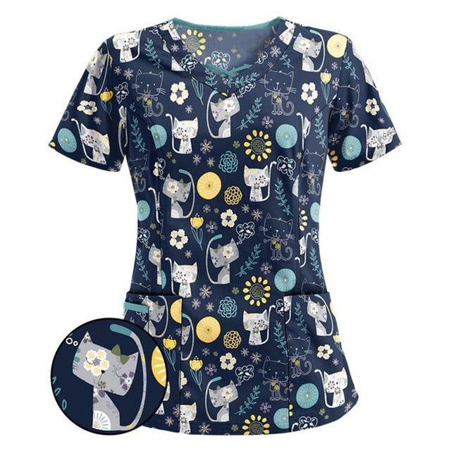Print Scrub Tops Women Nurse Uniform Cotton Short Sleeve Blouse
