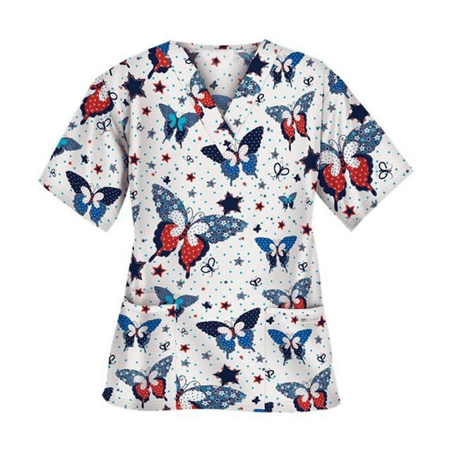 Print Scrub Tops Women Nurse Uniform Cotton Short Sleeve Blouse