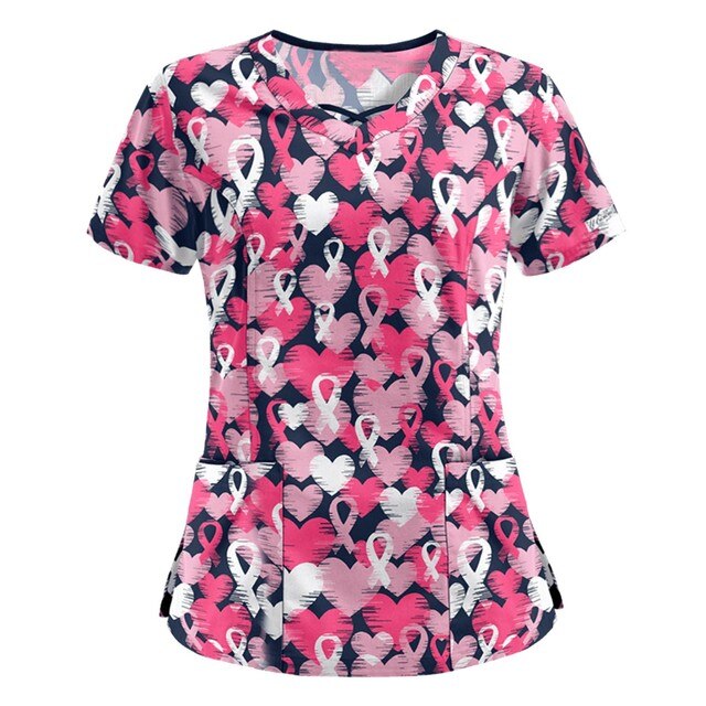Print Scrub Tops Women Nurse Uniform Cotton Short Sleeve Blouse