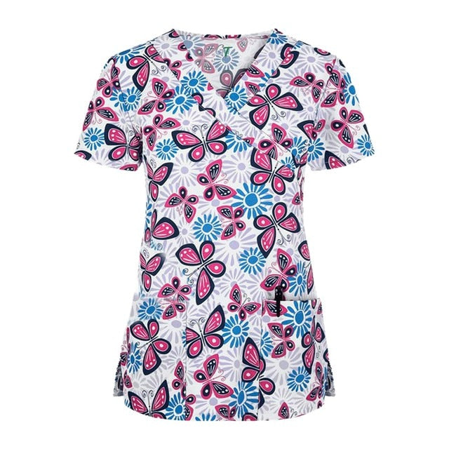 Print Scrub Tops Women Nurse Uniform Cotton Short Sleeve Blouse