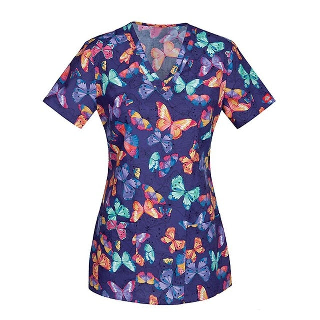 Print Scrub Tops Women Nurse Uniform Cotton Short Sleeve Blouse