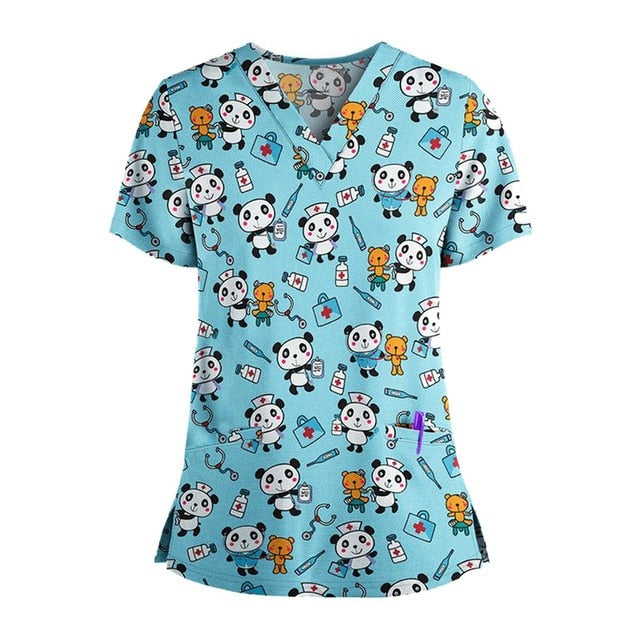 Print Scrub Tops Women Nurse Uniform Cotton Short Sleeve Blouse