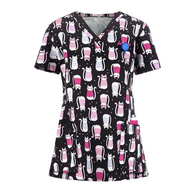 Print Scrub Tops Women Nurse Uniform Cotton Short Sleeve Blouse