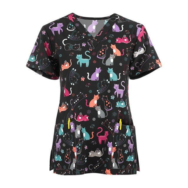Print Scrub Tops Women Nurse Uniform Cotton Short Sleeve Blouse