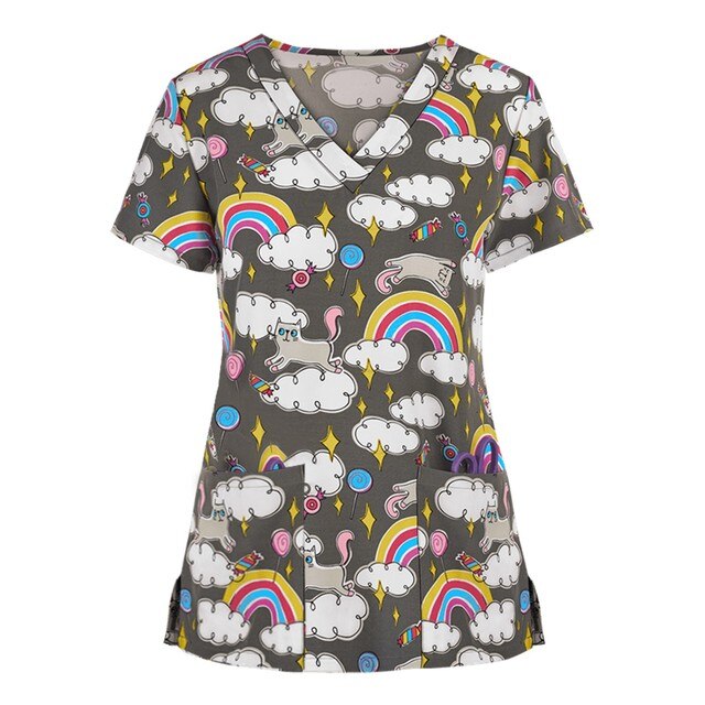 Print Scrub Tops Women Nurse Uniform Cotton Short Sleeve Blouse
