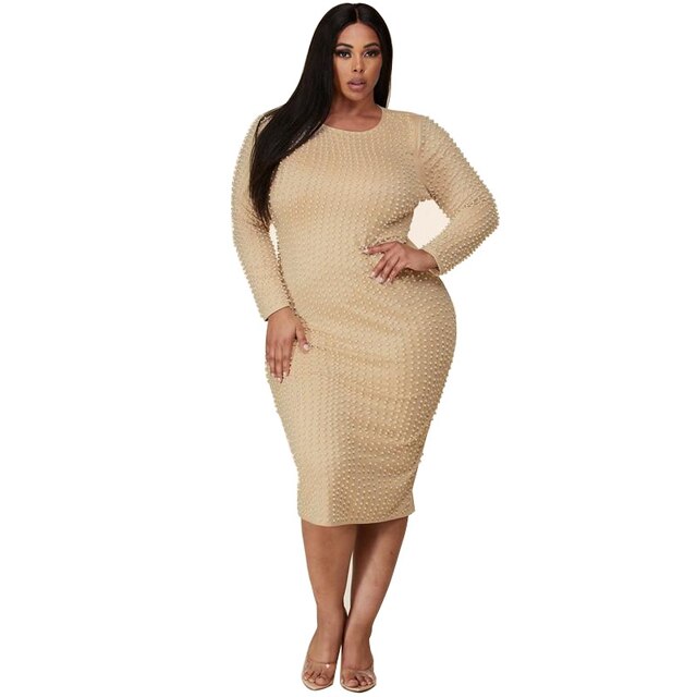 Plus Size Long Sleeve Beaded Bodycon party Dress