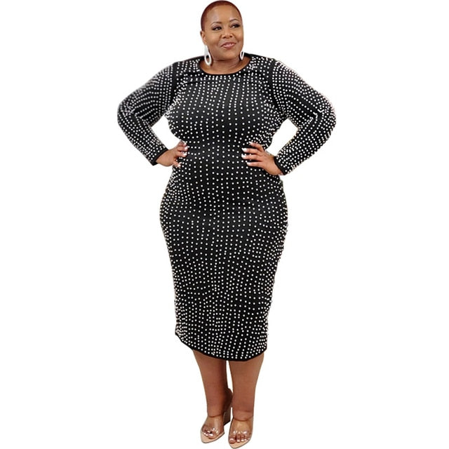 Plus Size Long Sleeve Beaded Bodycon party Dress