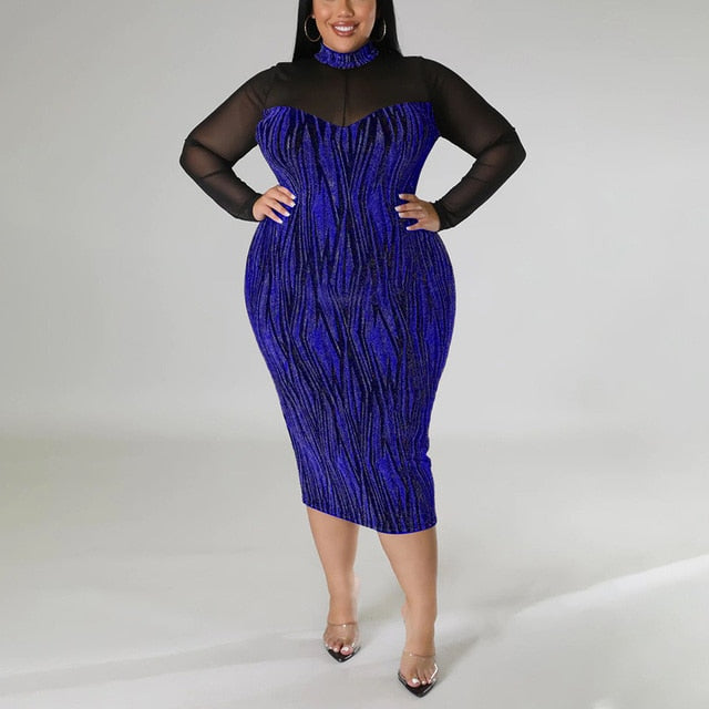 Plus Size Mesh Long Sleeve Bodycon Party Dress