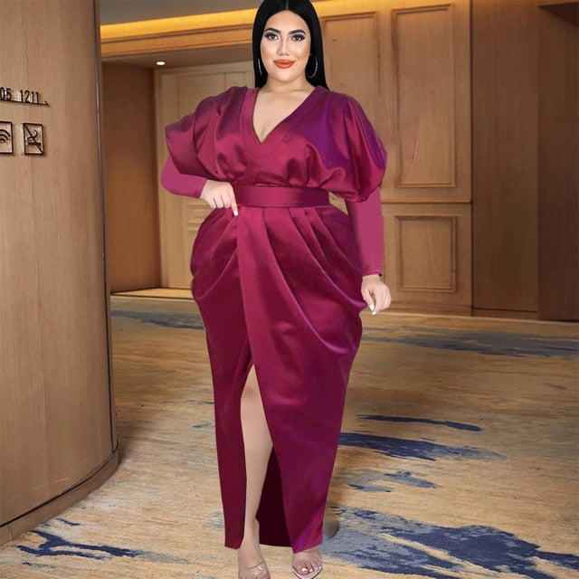 Plus Size Elegant Puff Sleeve High Slit Party Dress