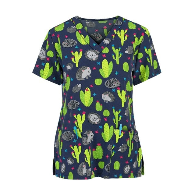 Print Scrub Tops Women Nurse Uniform Cotton Short Sleeve Blouse