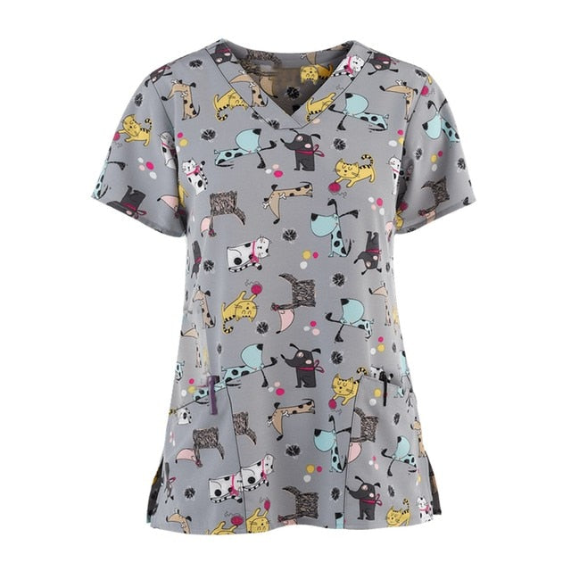 Print Scrub Tops Women Nurse Uniform Cotton Short Sleeve Blouse