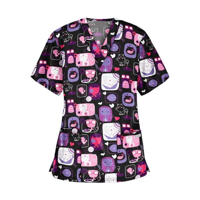 Print Scrub Tops Women Nurse Uniform Cotton Short Sleeve Blouse