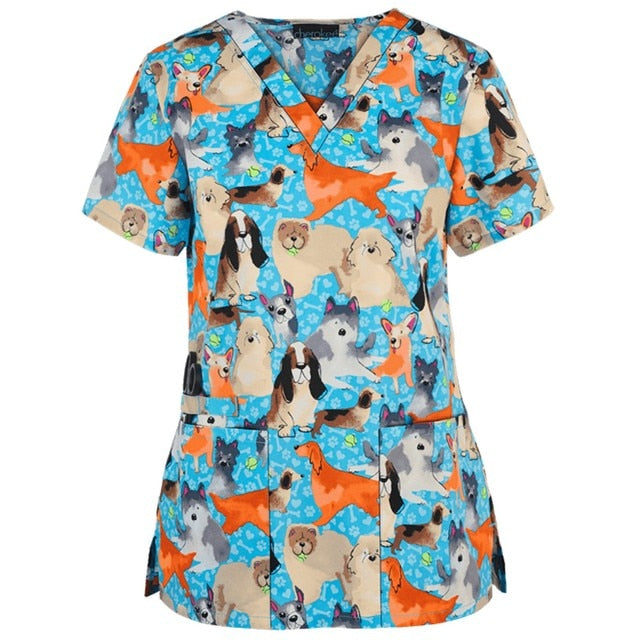 Print Scrub Tops Women Nurse Uniform Cotton Short Sleeve Blouse