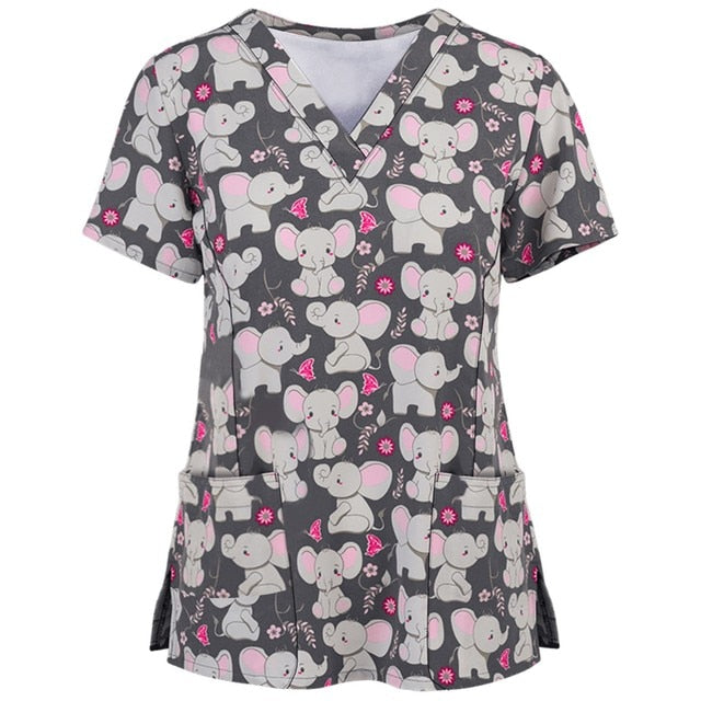 Print Scrub Tops Women Nurse Uniform Cotton Short Sleeve Blouse