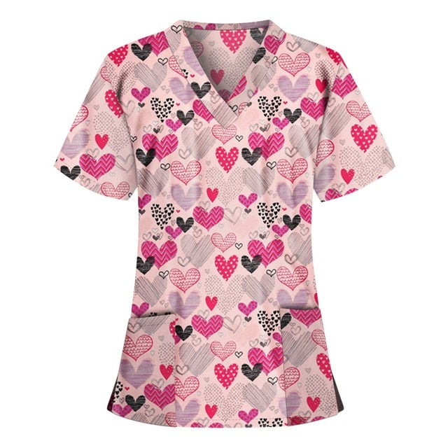 Print Scrub Tops Women Nurse Uniform Cotton Short Sleeve Blouse