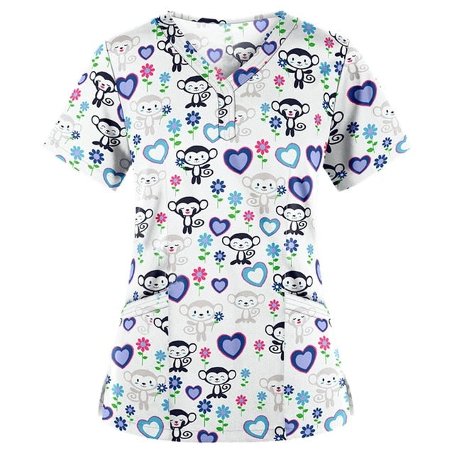 Print Scrub Tops Women Nurse Uniform Cotton Short Sleeve Blouse