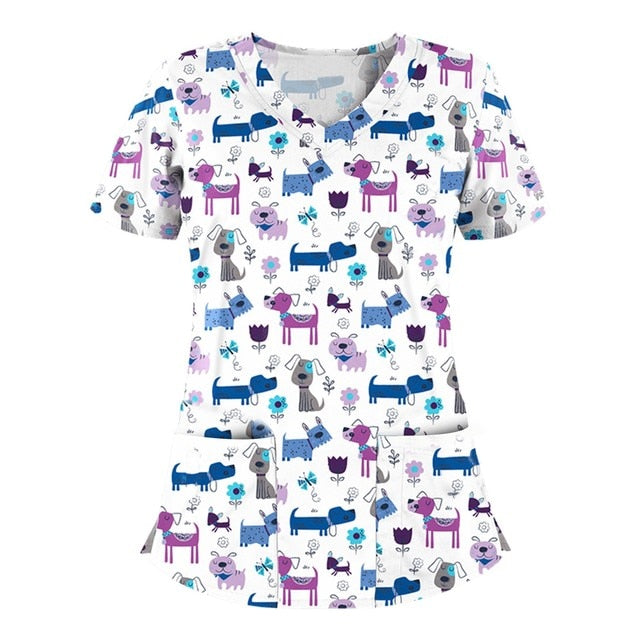 Print Scrub Tops Women Nurse Uniform Cotton Short Sleeve Blouse