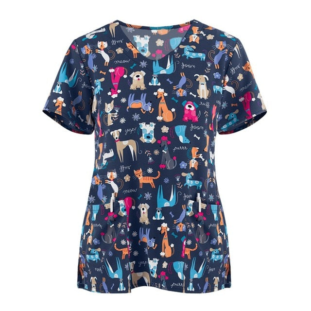 Print Scrub Tops Women Nurse Uniform Cotton Short Sleeve Blouse
