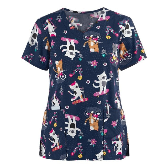 Print Scrub Tops Women Nurse Uniform Cotton Short Sleeve Blouse