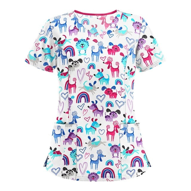 Print Scrub Tops Women Nurse Uniform Cotton Short Sleeve Blouse