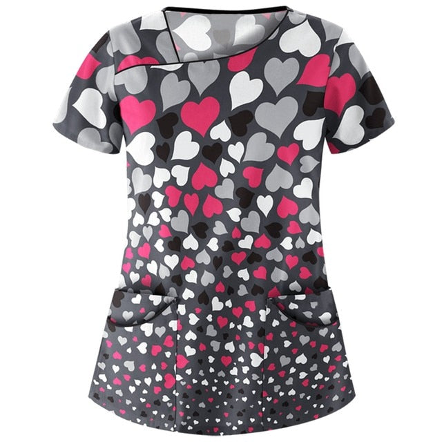Print Scrub Tops Women Nurse Uniform Cotton Short Sleeve Blouse
