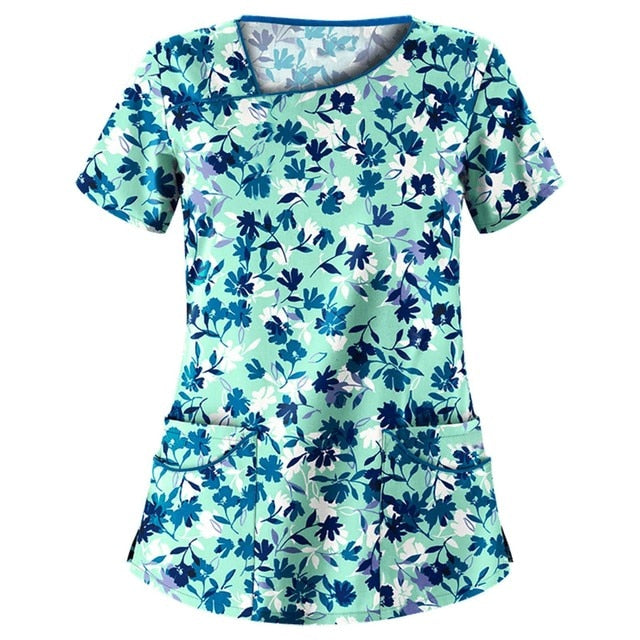 Print Scrub Tops Women Nurse Uniform Cotton Short Sleeve Blouse