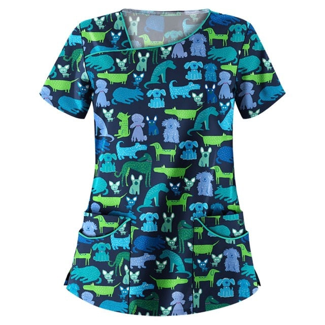 Print Scrub Tops Women Nurse Uniform Cotton Short Sleeve Blouse