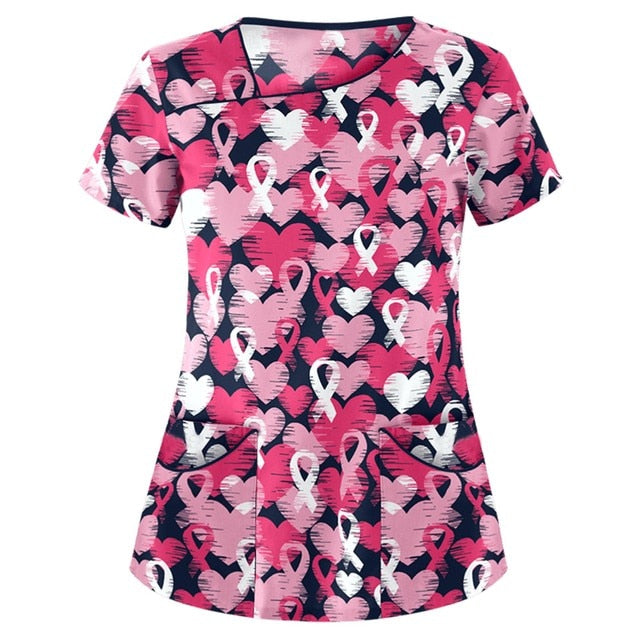 Print Scrub Tops Women Nurse Uniform Cotton Short Sleeve Blouse