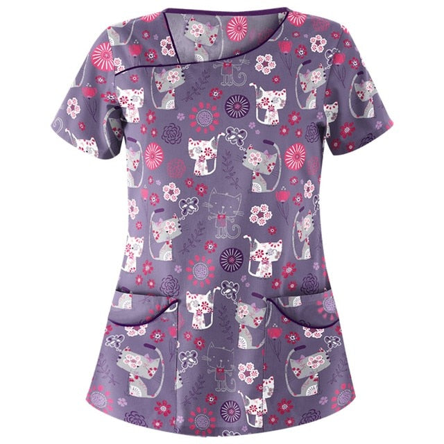 Print Scrub Tops Women Nurse Uniform Cotton Short Sleeve Blouse